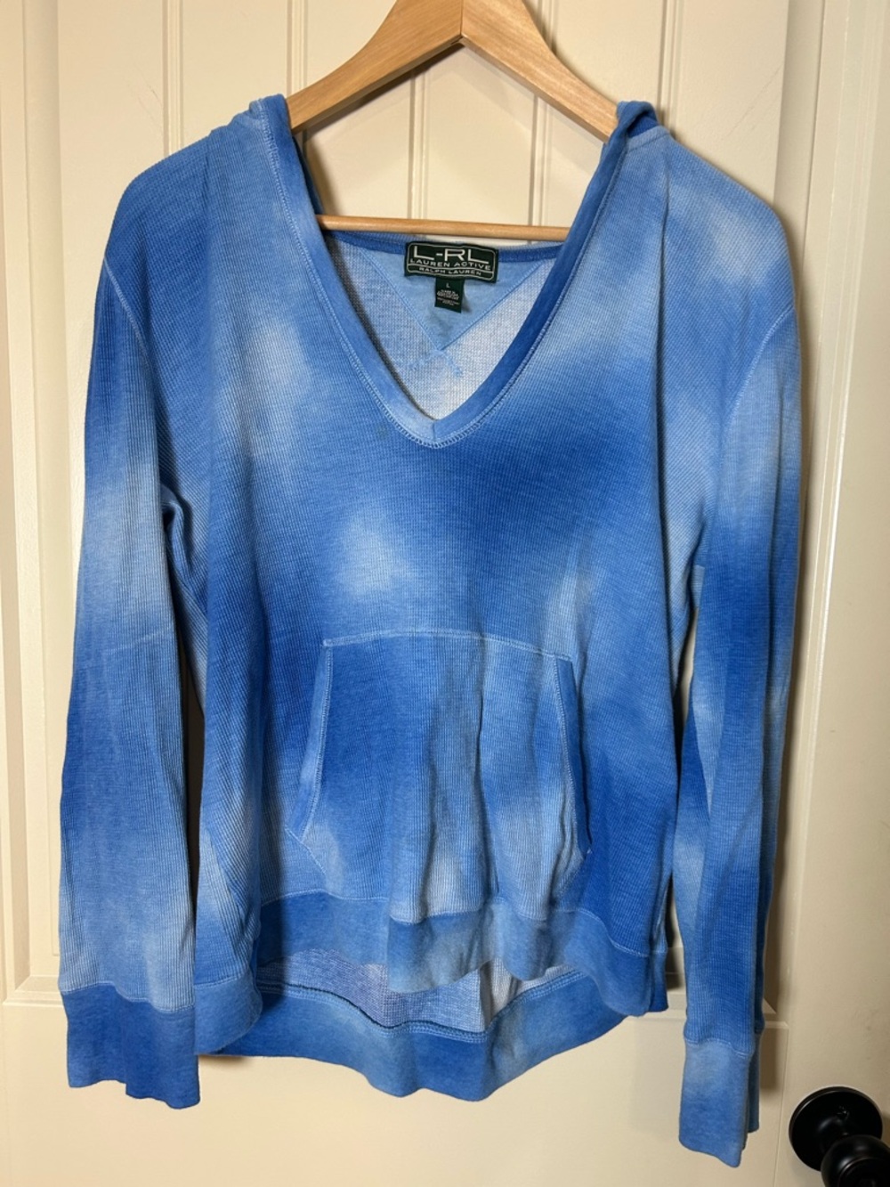L-RL Lauren Active Women’s‎ Pullover Hoodie Blue V-Neck Kangaroo Pocket - Large